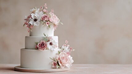 Three-tier white frosted cake decorated with soft pink and white sugar flowers on a neutral background conveying elegance and celebration