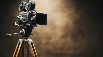 Vintage movie camera on a wooden tripod, cinematic aesthetic with warm lighting and shallow depth.