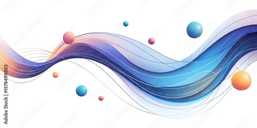 Aufkleber abstract flowing waves with colorful spheres and delicate lines on a white background.