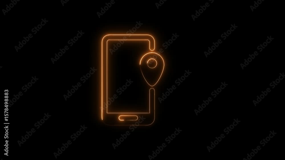 Poster glowing mobile phone location pin neon style on dark background animated loop