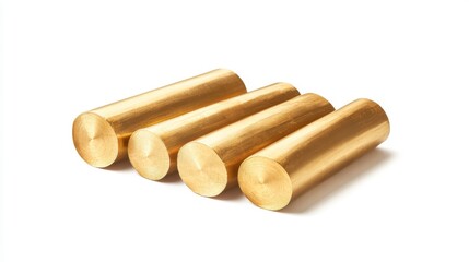 Fototapeta premium Four shiny golden brass cylindrical rods on white background.