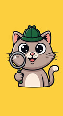 Obraz premium Cute Cartoon Detective Cat with Magnifying Glass