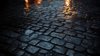 Wet cobblestone street nighttime texture