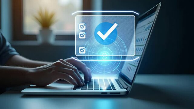 Flat Hand Interacting with Holographic Checklist on Laptop - Online Assessment Survey Completion and Knowledge Testing Concept