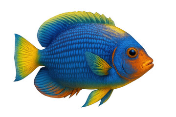 Vibrant blue and orange tropical fish swimming gracefully, isolated on a transparent background