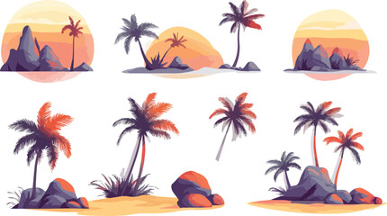 Tropical Palm Tree Island Sunset Vector Illustration Set Collection