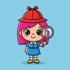 Pink-Haired Cartoon Girl Detective with Red Hat and Magnifying Glass