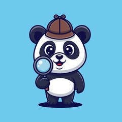 Fototapeta premium Cartoon Panda Detective with Magnifying Glass and Brown Hat