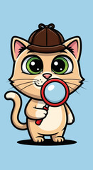 Obraz premium Cartoon Cat Detective with Green Eyes and Magnifying Glass