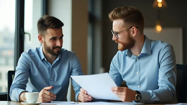Young Professional Financial Advisor Consulting Clients: Diverse Male Employees Collaborating in Office Meeting - Flat Vector Illustration of Business Success and Teamwork