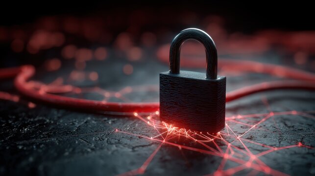 A digital padlock and red cable symbolize cybersecurity and data protection on a glowing network background.