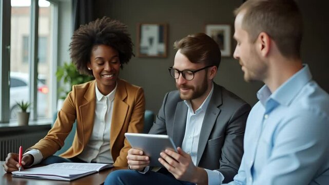 African American young woman job seeker talks to professional male HR manager checks digital CV on tablet during interview meeting process vertical concept as African American young woman job seeker t