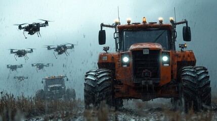 Tractor drone swarm working in sync with a main vehicle