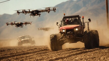 Tractor drone swarm working in sync with a main vehicle