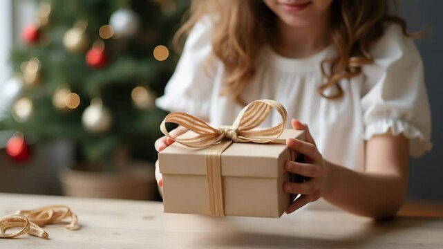 Flat A young woman in a white dress is making a gift box birthday and Christmas ideas concept as Young woman in white dress creating a gift box representing birthday and Christmas ideas in  Simple fla