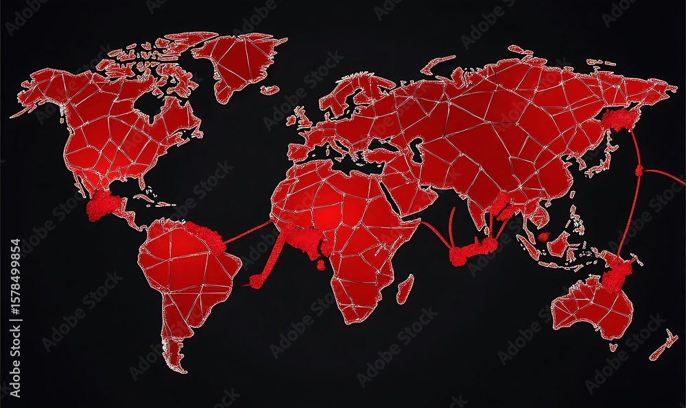 Poster a red fragmented world map showing geographical connections on a dark background