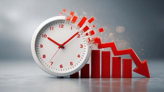 Economic concepts and their impact. A clock shatters as a red downward arrow graphically represents a sharp decline in financial or business metrics over time.