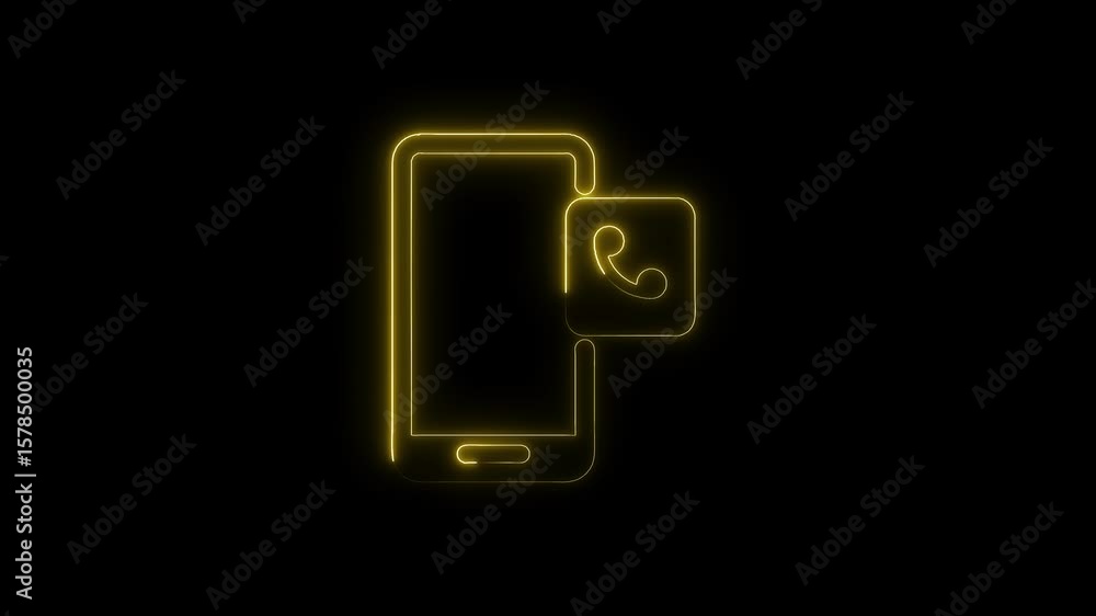 Poster yellow neon outlined smartphone with incoming call notification dark background animation