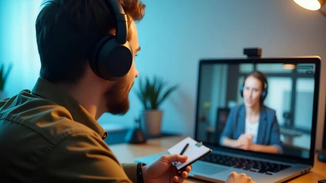 Flat Male Student Engaged in Online Learning: Wearing Headphones, Participating in Webinar, Taking Notes During Virtual Class with Remote Teacher, Distance Education Concept
