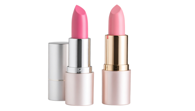 Pink lipstick with a sleek cosmetic case, cap off to reveal the creamy pink shade. High-resolution PNG on a transparent background