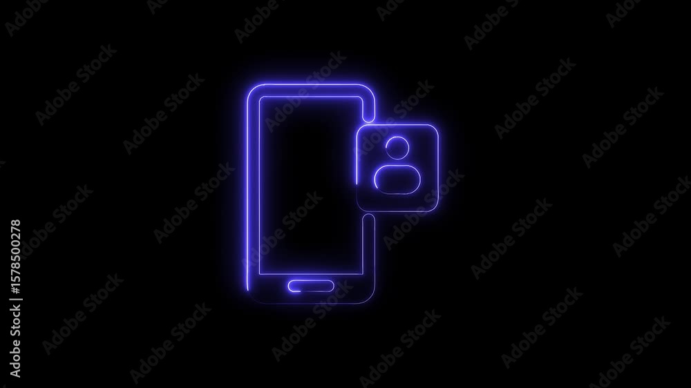 Poster glowing neon smartphone with profile icon animation on black background futuristic tech design