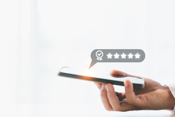 Customer or client with stars to complete five stars. Product or service review ideas from customer, reviews from customer and service of store to express satisfaction, increase credibility of store.