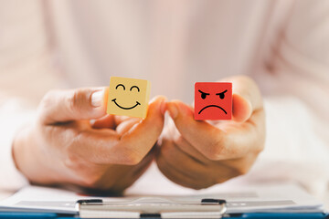 Customer showing rating with happy icon, Customer satisfaction survey concept, Positive feedback from happy client satisfaction with quality of service, marketing surveys, ratings, review, copy space
