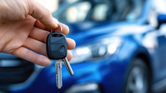 Male hand holding car keys offering new blue car on background, no logos, no brands