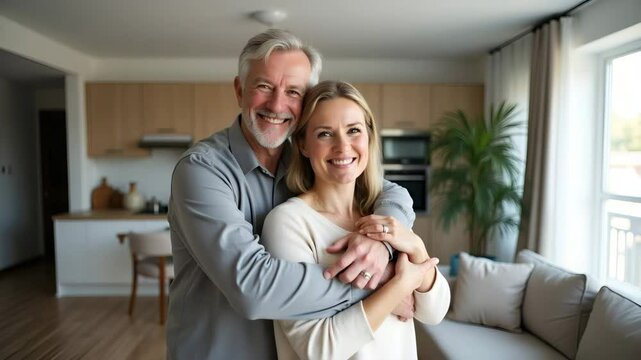 Happy Mature Family Couple in Modern Home: A Cute Vector Illustration of Affectionate Real Estate Owners Embracing in Their Stylish Living Room