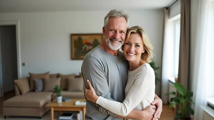 Flat Portrait of happy smiling mature older family couple real estate owners standing at home affectionate senior middle aged man and woman in love hugging in modern house house living room interior. - Powered by Adobe