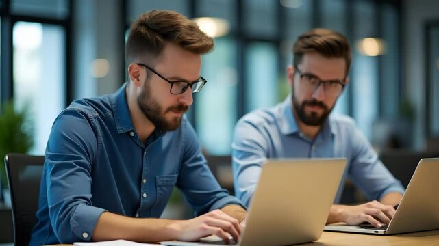 Two busy diverse business men company employees using laptops working in office. Professional young businessmen colleagues workers typing on computer technology at office workplace desk. concept as Tw