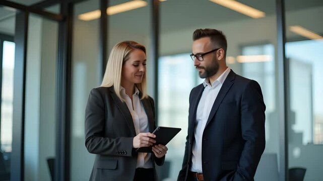 Flat Professional mature business people two happy middle aged business man and woman executives partners team working together checking corporate results collaborating standing in company office conc