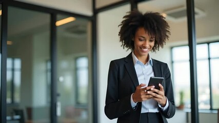 Smiling African American business woman using smartphone standing in office concept as Busy happy female executive wearing blue shirt holding cellphone using mobile cell phone working in office in  Ph - Powered by Adobe