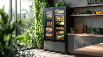 Transparent smart fridge showing contents and recipe suggestions