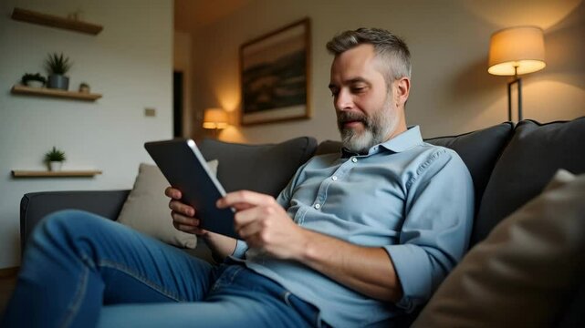 Happy Middle Aged Man Relaxing on Couch with Digital Tablet - Vector Illustration of Mature Male Using Technology at Home