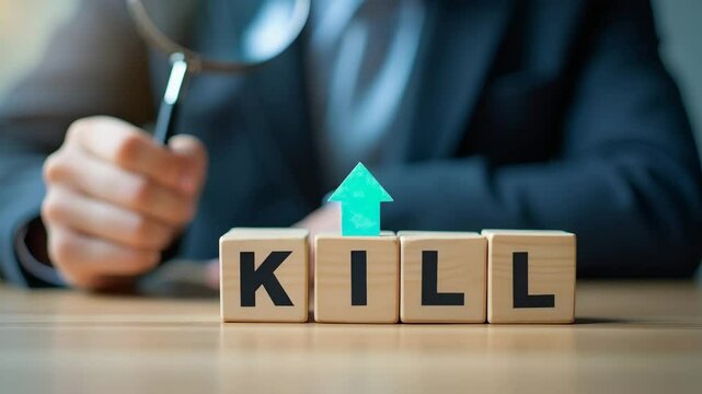 Flat Hand Stacking Holographic Blocks Spelling 'SKILL' with Magnifying Glass - Symbolizing Personal Growth and Upskilling Progress in a Minimalist Design