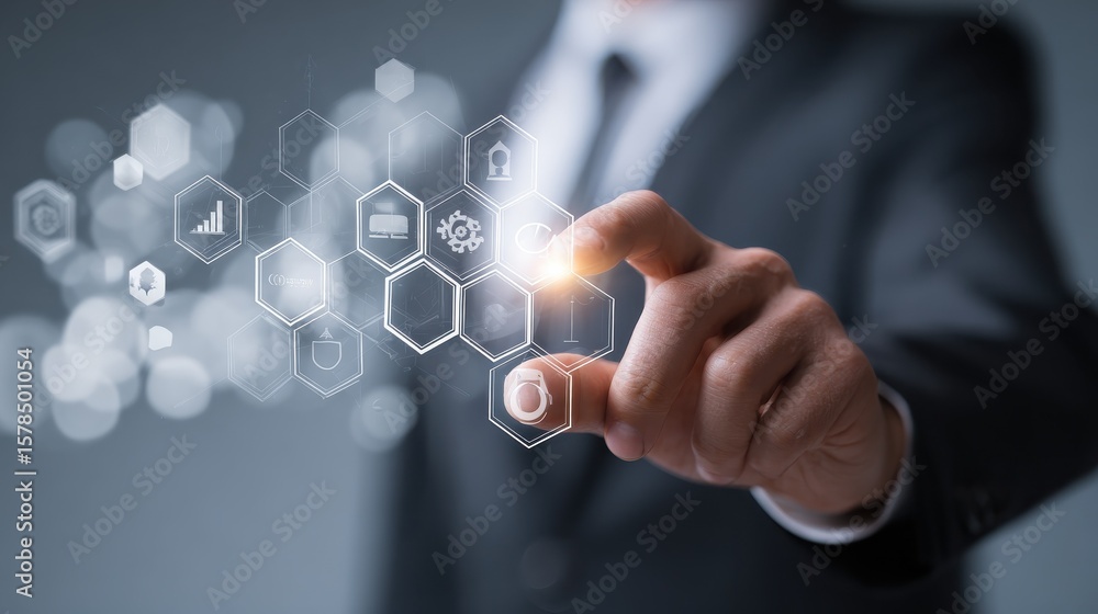 Poster top view of businessman hand working with modern technology and digital layer effect as business str