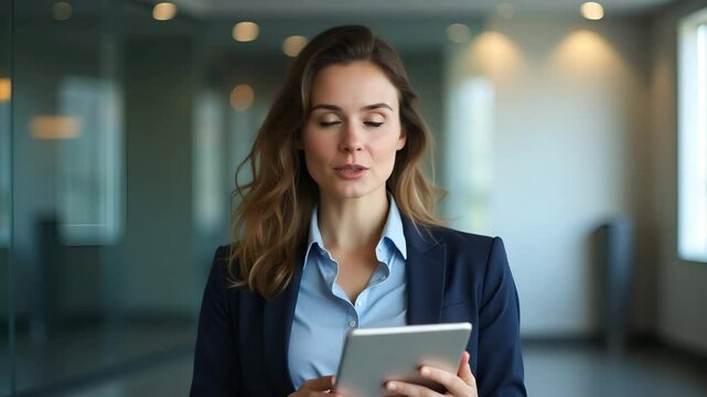 Flat Vector Illustration of Confident Mature Businesswoman as Bank Manager with Tablet, Showcasing Leadership, Innovation, and Digital Strategy in Finance.