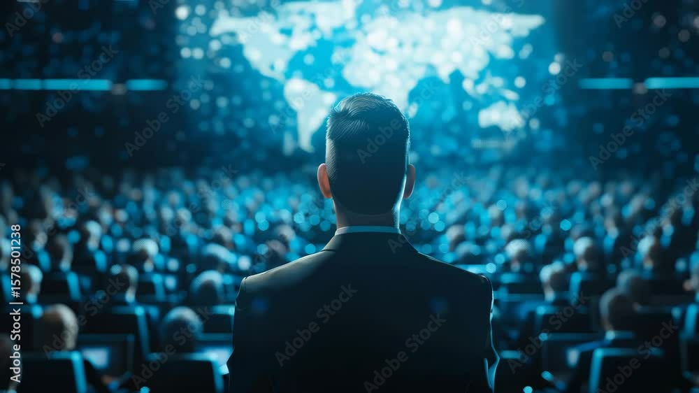 Poster a person in a suit addresses a large audience with a global map projected behind them.