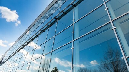 Closeup Minimalist Modern Glass Building, Blue Sky Background