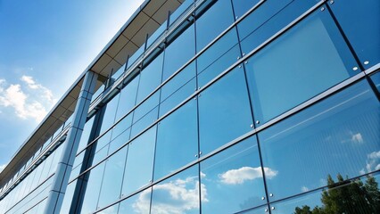 Closeup Minimalist Modern Glass Building, Blue Sky Background