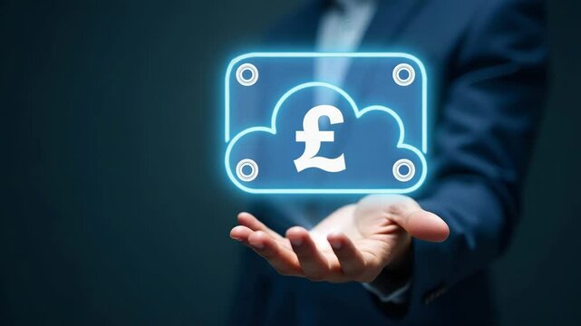 Flat Hand Holding Holographic Cost Effectiveness Icon for ERP Software in Cloud Environment - Minimal Background, Smart Business Concept, Vector Illustration