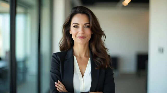 Flat Ambitious Hispanic Businesswoman in Modern Office: Confident Leadership, Career Growth, Strong Voice, Setting Goals, Professional Stance, Bright Future Ahead - Vector Illustration