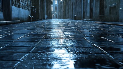 Wet urban alley at night