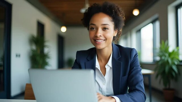 Flat Young Smiling Businesswoman with Laptop: Bridging Tech & Entrepreneurship in a Bright Workspace for Innovative Productivity - Cute Vector Illustration