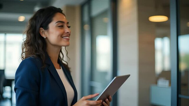 Empowered Young Hispanic Businesswoman: Dreaming of a Successful Career While Using a Tablet in the Office - A Cute Vector Illustration of Professionalism and Ambition