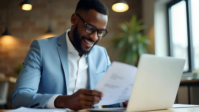 Flat Vector Illustration of a Happy Young African Businessman Working on Laptop, Smiling While Reviewing Financial Reports in Office Setting
