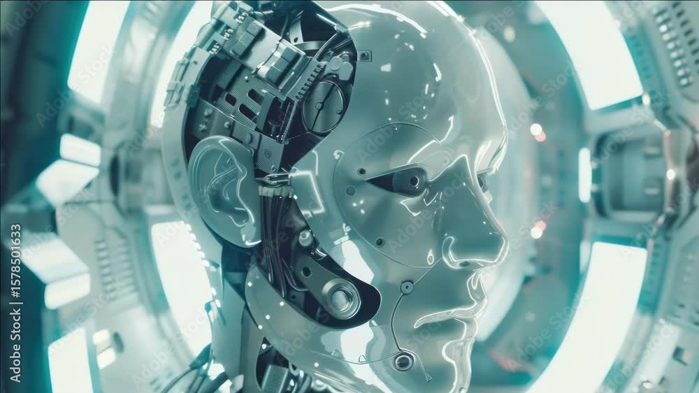 Poster high tech robotic android in medical testing apparatus.