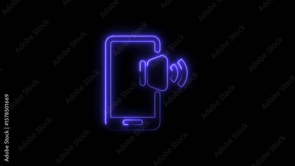 Poster neon smartphone ringing alert animation on black background for tech and communication projects
