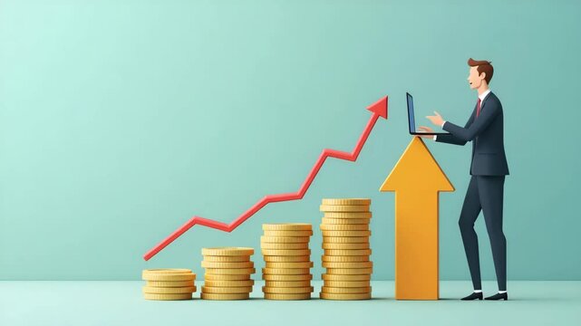 Flat Businessman Analyzing Cost Savings with Decreasing Coins and Down Arrow - Concept of Cost Management and Reduction in Simple Vector Illustration